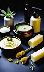 Elegant look herbal cream, shampoo and cosmatics items on a table in a dark background. This image is ai generated
