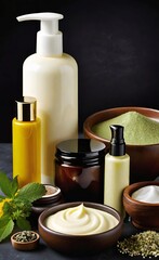Elegant look herbal cream, shampoo and cosmatics items on a table in a dark background. This image is ai generated