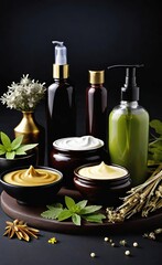 Elegant look herbal cream, shampoo and cosmatics items on a table in a dark background. This image is ai generated