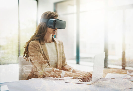 Businesswoman, vr or city double exposure for future technology and architecture innovation. Engineer, hologram or developer typing on laptop for virtual reality, metaverse or futuristic building
