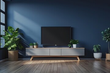 A living room with a large flat screen television on a wooden stand. The room is decorated with potted plants and a vase