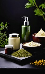 Elegant look herbal cream, shampoo and cosmatics items on a table in a dark background. This image is ai generated
