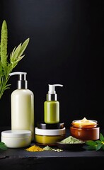 Elegant look herbal cream, shampoo and cosmatics items on a table in a dark background. This image is ai generated