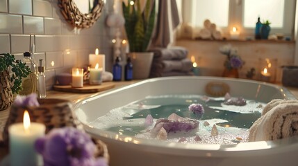 Fototapeta premium A serene bathroom scene with a detoxifying bath ritual setup, including candles, essential oils, and crystals