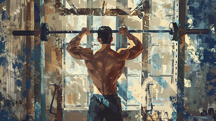 Dynamic Gym Workout - Cinematic Painterly Style Illustration of a Fitness Enthusiast in Action
