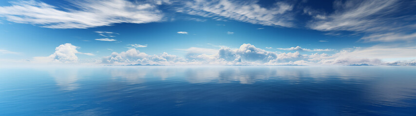 Obraz premium Blue sky over calm sea. Blue sea and sunny sky on horizon over calm water