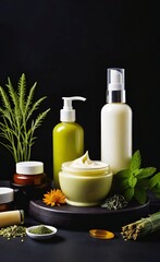 Elegant look herbal cream, shampoo and cosmatics items on a table in a dark background. This image is ai generated