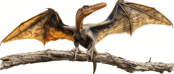 Fototapeta premium A detailed illustration of a pterosaur with wings spread, perched on a branch. Prehistoric flying reptile with realistic textures and colors.