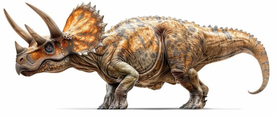 Fototapeta premium Digital illustration of a detailed, lifelike triceratops dinosaur on a white background, showcasing its distinct features and texture.