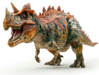 Fototapeta premium Realistic 3D illustration of a fierce dinosaur in action, showcasing detailed textures and vibrant colors on a white background.