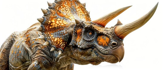 Detailed close-up of a colorful dinosaur with horns and vibrant scales, illustrating a prehistoric creature in high resolution.