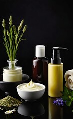 Elegant look herbal cream, shampoo and cosmatics items on a table in a dark background. This image is ai generated