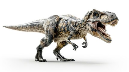 Fototapeta premium Realistic 3D rendering of a ferocious Tyrannosaurus rex with detailed skin texture and menacing posture, set against a white background.
