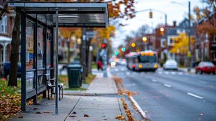 Obraz premium A bus is driving down a street with a bus stop in the background