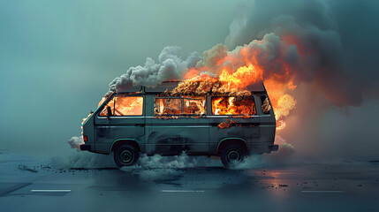 burning van with flames and smoke, isolated on blue background