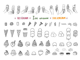 Ice cream constructor. Prefabricated ice cream with various toppings, scoops and triple scoops ice cream and waffle cones. Hand with waffle cone. Waffle cones for ice cream. Doodle style