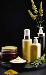 Elegant look herbal cream, shampoo and cosmatics items on a table in a dark background. This image is ai generated