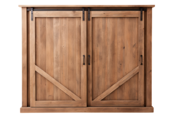 A rustic, farmhouse-style wardrobe with sliding barn doors and natural wood finishes, isolated on a white background