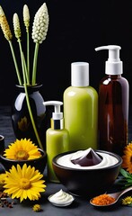 Elegant look herbal cream, shampoo and cosmatics items on a table in a dark background. This image is ai generated