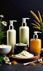 Elegant look herbal cream, shampoo and cosmatics items on a table in a dark background. This image is ai generated