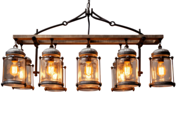 A rustic farmhouse chandelier with multiple wrought iron arms and antique glass shades, isolated on a white background