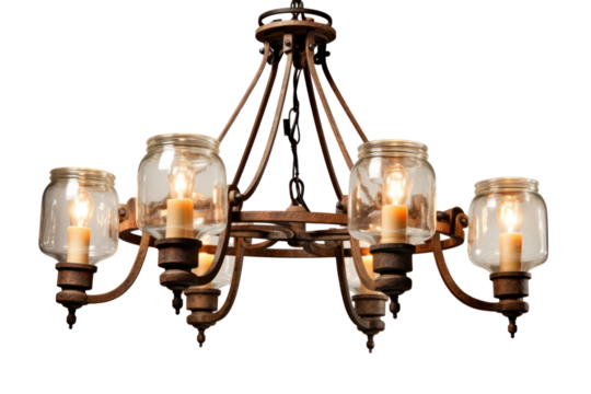 A rustic farmhouse chandelier with multiple wrought iron arms and antique glass shades, isolated on a white background
