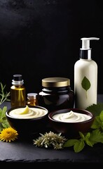 Elegant look herbal cream, shampoo and cosmatics items on a table in a dark background. This image is ai generated