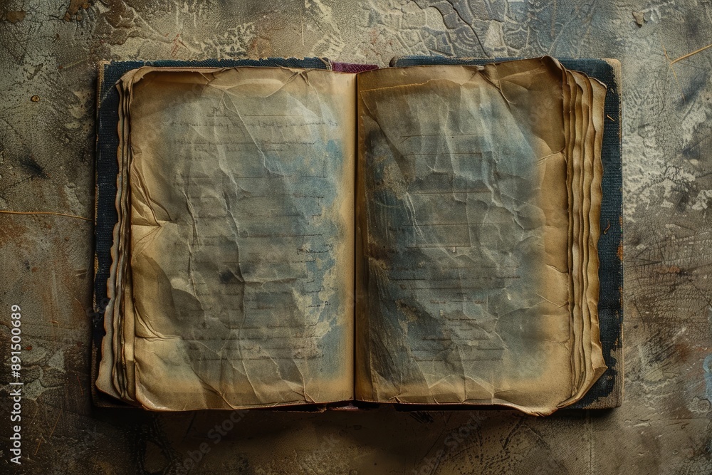 Poster an old book with a blue page is open on a table. the book is old and has a worn look to it. the blue