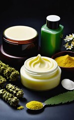 Elegant look herbal cream, shampoo and cosmatics items on a table in a dark background. This image is ai generated