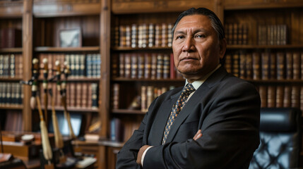 Confident Native American Lawyer in Traditional Attire Standing in Law Office with Legal Books