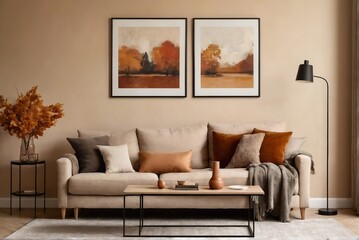 Contemporary living room in autumn colors with simple furniture. mock-up living room ideas.