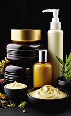Elegant look herbal cream, shampoo and cosmatics items on a table in a dark background. This image is ai generated