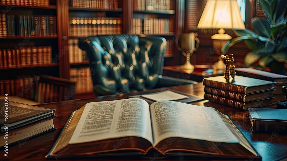 Poster a book is open on a desk in a library. the desk is cluttered with books and a lamp. the room is diml
