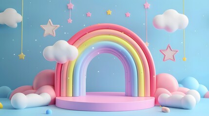 3D cartoon style colorful rainbow podium with cloud and star background.
