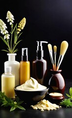Elegant look herbal cream, shampoo and cosmatics items on a table in a dark background. This image is ai generated