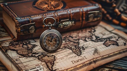 A pocket watch and book on an old map, symbolizing time travel or adventure in the style of vintage-inspired imagery.