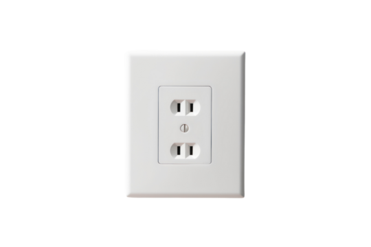 A power outlet integrated into a seamless white wall, creating a minimalist and modern aesthetic, isolated on a white background