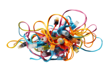 A power outlet bursting with colorful cables and cords, representing connectivity and energy flow, isolated on a white background