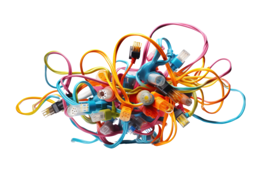 A power outlet bursting with colorful cables and cords, representing connectivity and energy flow, isolated on a white background