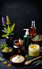 Elegant look herbal cream, shampoo and cosmatics items on a table in a dark background. This image is ai generated