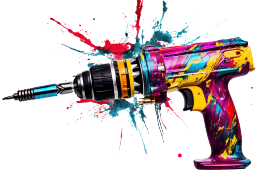 A pop art-inspired image of a colorful electric drill with splattered paint effects, isolated on a white background.