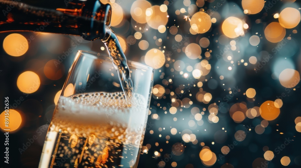 Poster an elegant image of sparkling champagne being poured into a glass with festive bokeh lights in the b