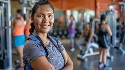 Confident Native American Woman Fitness Trainer Motivating Clients in Gym Atmosphere