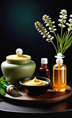 Elegant look herbal cream, shampoo and cosmatics items on a table in a dark background. This image is ai generated