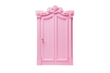 A playful pink PVC door with a whimsical design. Isolated on white background.