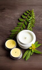 Elegant look herbal cream, shampoo and cosmatics items on a table in a dark background. This image is ai generated