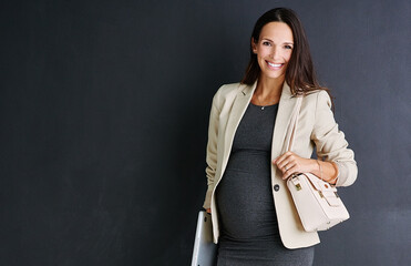 Confident, portrait and woman with pregnancy in studio for finance career, pride and maternity...