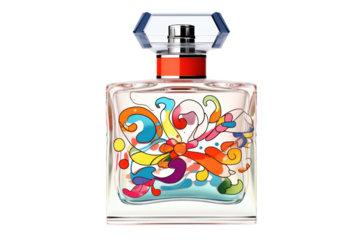 A playful, colorful perfume bottle with a pop art design and a playful font. Isolated on white background
