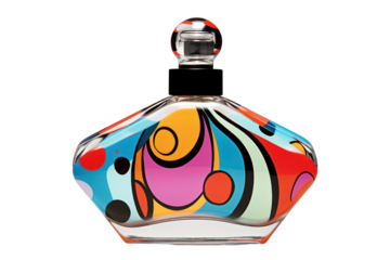 A playful, colorful perfume bottle with a pop art design and a playful font. Isolated on white background