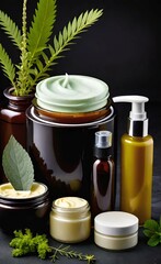Elegant look herbal cream, shampoo and cosmatics items on a table in a dark background. This image is ai generated